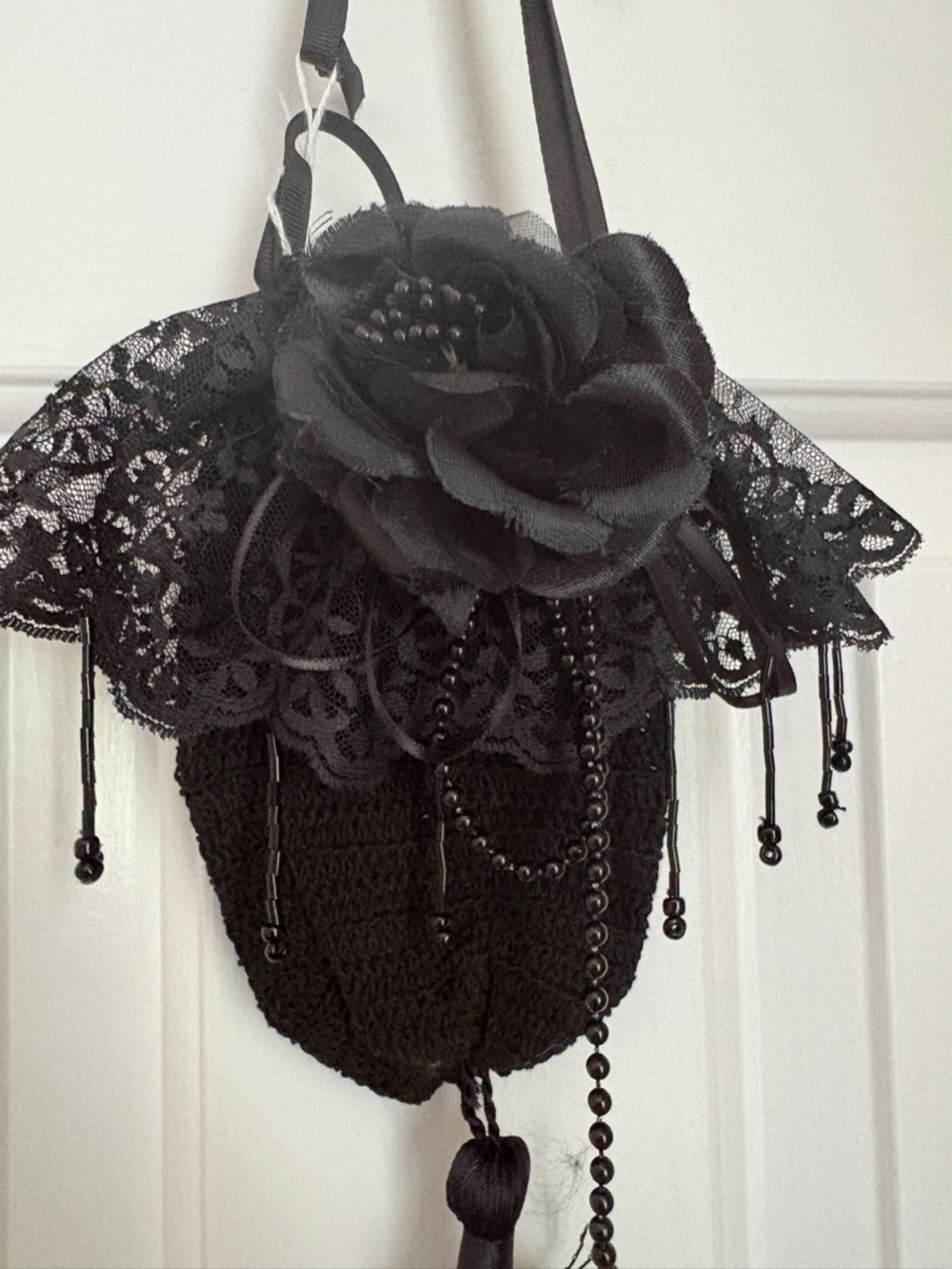 Black Gothic Lace Drawstring Purse Romantic Victorian Style Rose Evening Bag